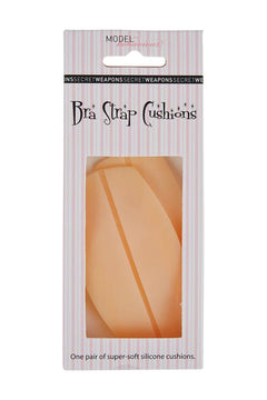Secret Weapons Bra Strap Cushions in nude colour, shown in retail packaging with striped background.