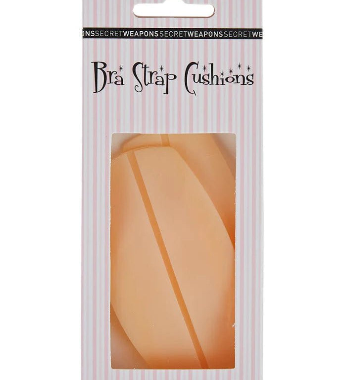Secret Weapons Bra Strap Cushions in nude colour, shown in retail packaging with striped background.