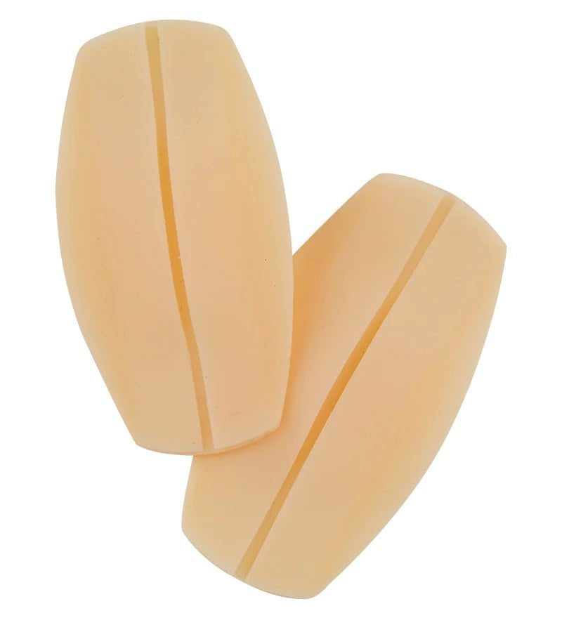 Pair of nude-coloured silicone bra strap cushions, designed to reduce strap slippage and shoulder pressure.