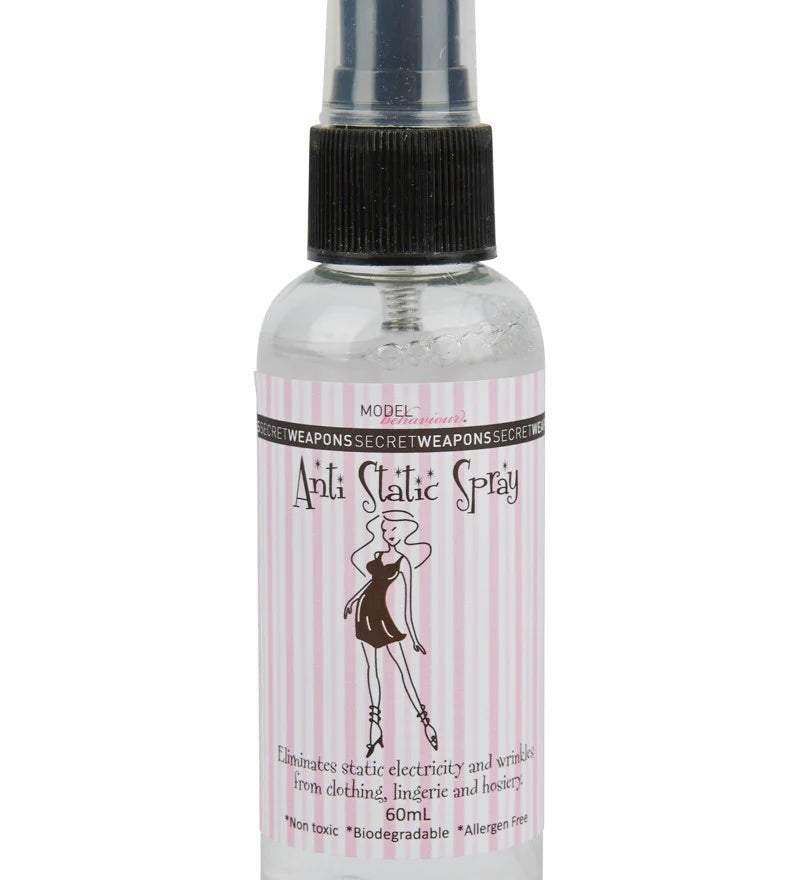 60ml bottle of Secret Weapons Anti Static Spray with silver label and black cap, ideal for preventing cling and static on clothing and lingerie.