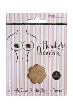 Headlight Dimmers Single Use Nude Nipple Covers in packaging – pack of 3 discreet, flower-shaped covers.
