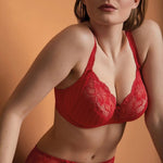 front view of Model wears Madison Full Cup Bra in Scarlet, showcasing delicate lace and flattering fit – The Foundation