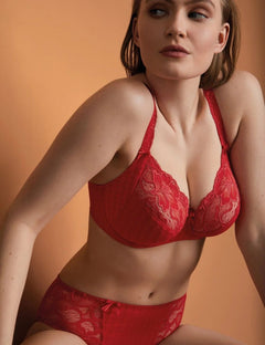 front view of Model wears Madison Full Cup Bra in Scarlet, showcasing delicate lace and flattering fit – The Foundation