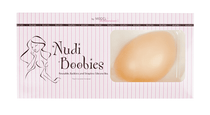 Packaging of Secret Weapons Nudie Boobies silicone stick-on bra in nude tone.