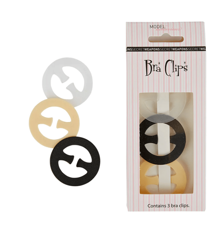 Clear, nude, and black round bra clips with product card included in the three-pack set.