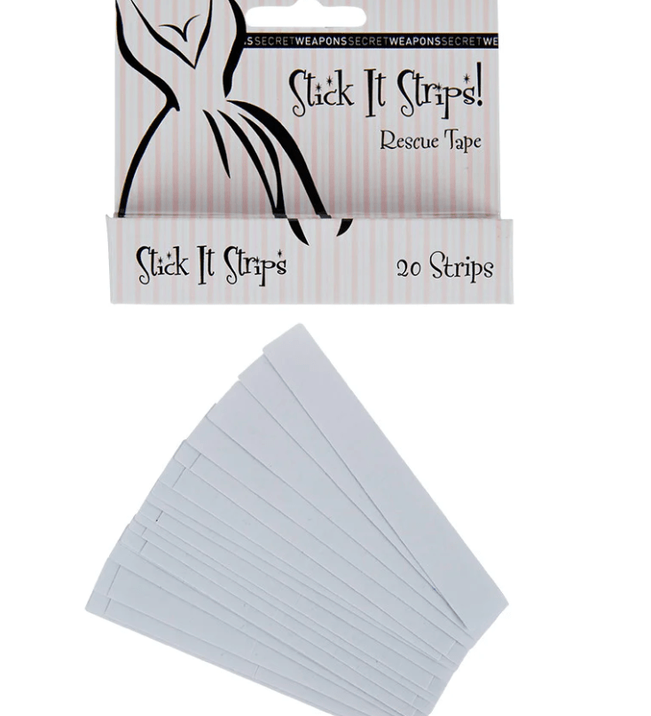 Contents of Stick It Fashion Tape box showing clear, pre-cut double-sided strips.