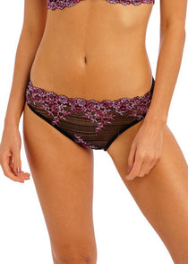 Front view of Embrace Lace Bikini Brief in black/berry lace—The Foundation