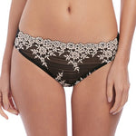 Front view of Embrace Lace Bikini Brief in black with two-tone lace detail—The Foundation