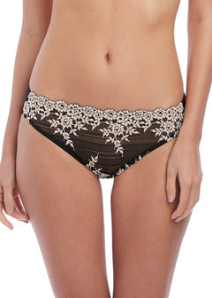 Front view of Embrace Lace Bikini Brief in black with two-tone lace detail—The Foundation