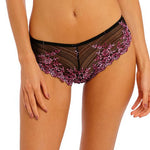 Front view of Embrace Lace Tanga Black/Berry on model—The Foundation