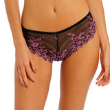 Front view of Embrace Lace Tanga Black/Berry on model—The Foundation