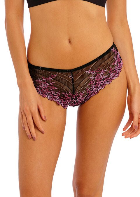 Front view of Embrace Lace Tanga Black/Berry on model—The Foundation