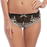 Front view of Embrace Lace Tanga Brief in black with stretch floral lace—The Foundation