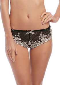 Front view of Embrace Lace Tanga Brief in black with stretch floral lace—The Foundation