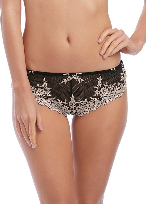 Front view of Embrace Lace Tanga Brief in black with stretch floral lace—The Foundation