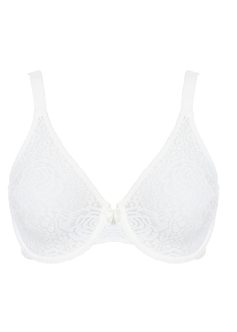 Product flat lay of ivory floral lace underwire bra—The Foundation