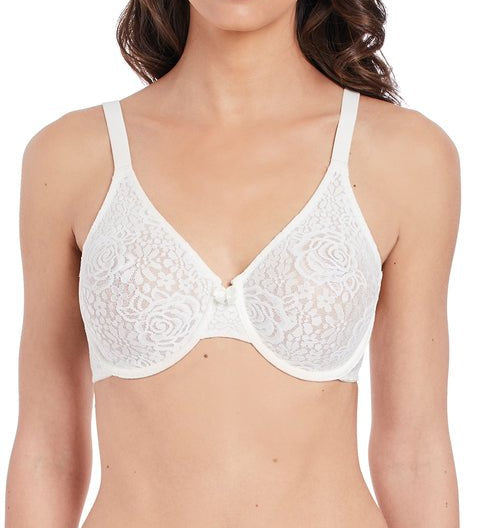 Front view of ivory lace underwire bra showcasing supportive cups—The Foundation