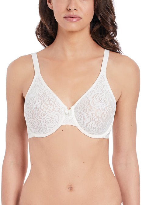 Front view of ivory lace underwire bra showcasing supportive cups—The Foundation