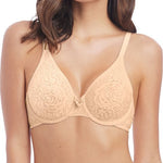 Close-up of Wacoal Halo Lace Moulded Underwire Bra in Nude floral lace stretch and smooth everyday feel.