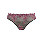 Flat lay of lace bikini brief in contrast berry and black—The Foundation