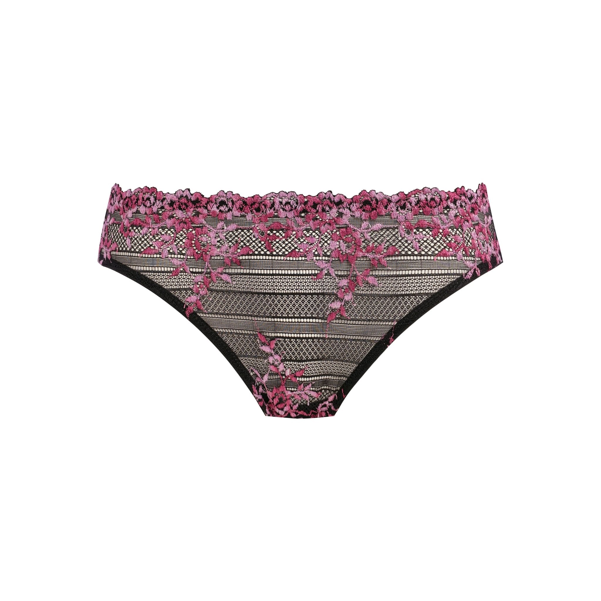 Flat lay of lace bikini brief in contrast berry and black—The Foundation