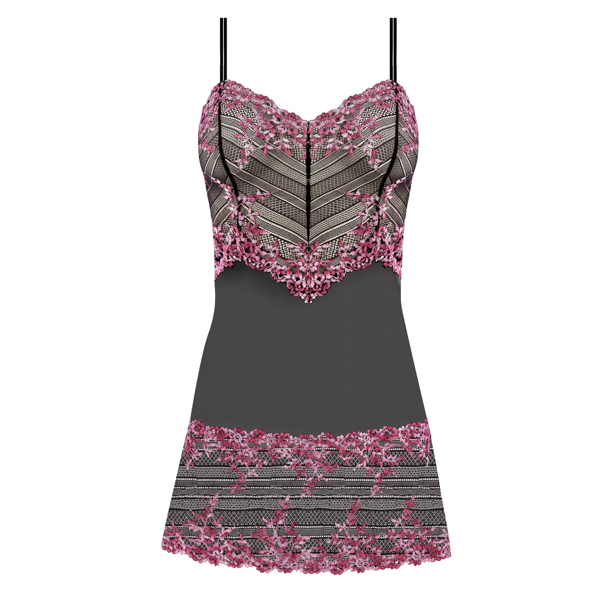 Flat lay of the Embrace Lace Chemise in black/berry—The Foundation