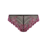 Flat lay of Embrace Lace Tanga with floral lace and berry contrast—The Foundation