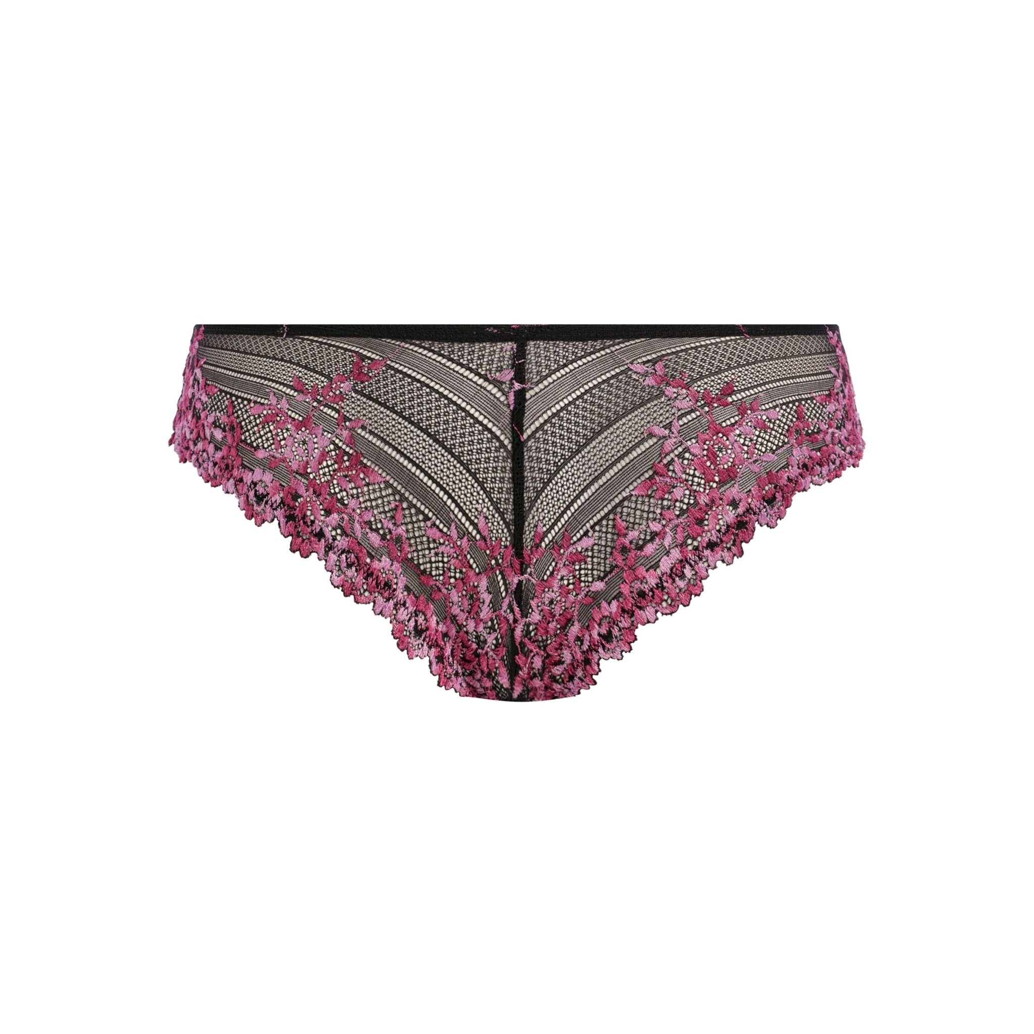 Flat lay of Embrace Lace Tanga with floral lace and berry contrast—The Foundation
