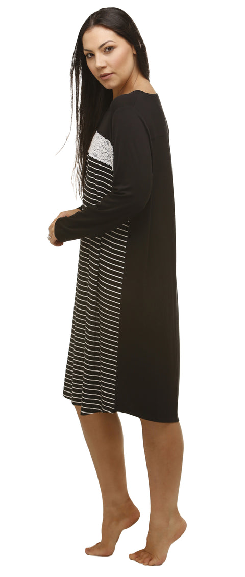 Stripe Long Sleeve Lace Dress Black