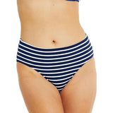 Close up of Baku Castaway Mid Bikini Pant in Navy with classic stripe design and tummy control fit.