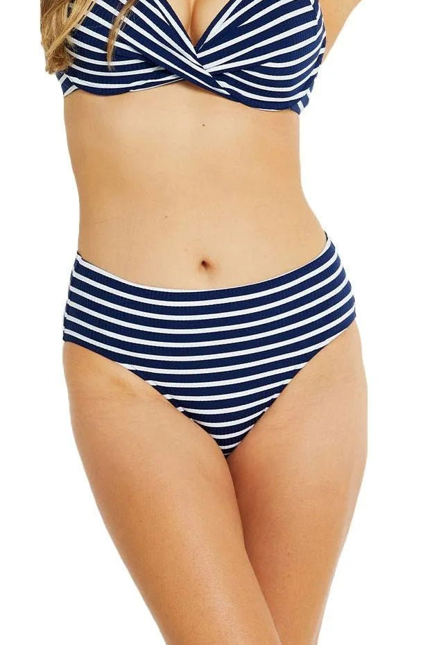 Close up of Baku Castaway Mid Bikini Pant in Navy with classic stripe design and tummy control fit.