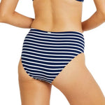 Back view of striped mid-rise bikini bottom showcasing snug fit and regular coverage.