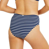 Back view of striped mid-rise bikini bottom showcasing snug fit and regular coverage.