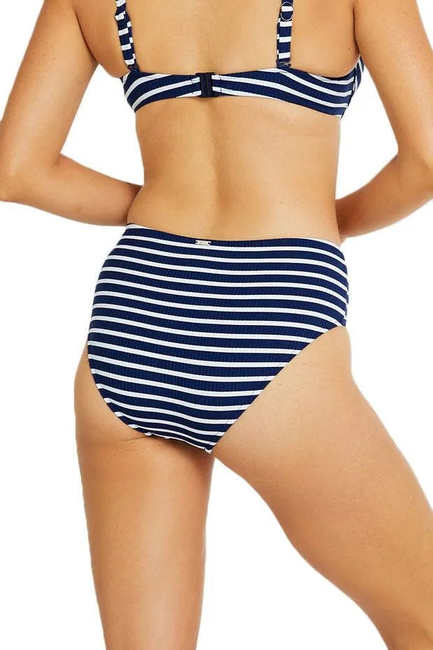 Back view of striped mid-rise bikini bottom showcasing snug fit and regular coverage.