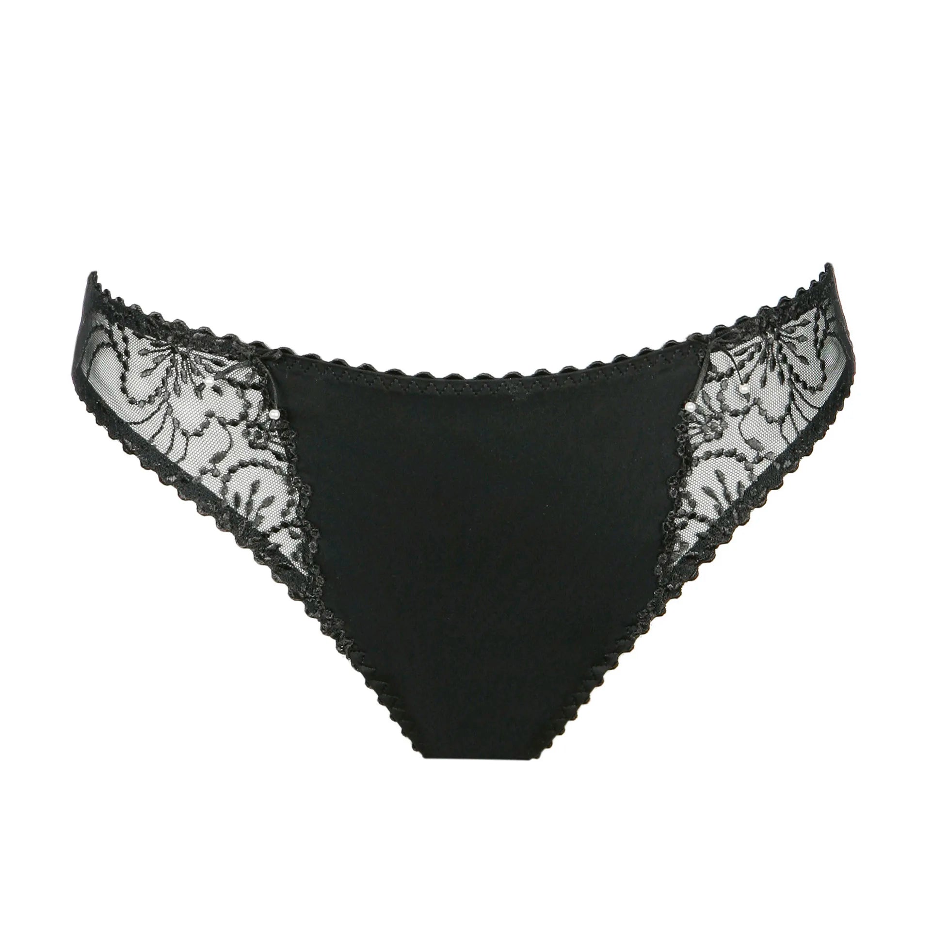 Flat lay of Marie Jo Jane Rio Brief in black with intricate hip embroidery and classic cut.