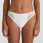 Front view of Marie Jo Jane Rio Brief in Natural, showing sheer lace and pearl bow detailing.