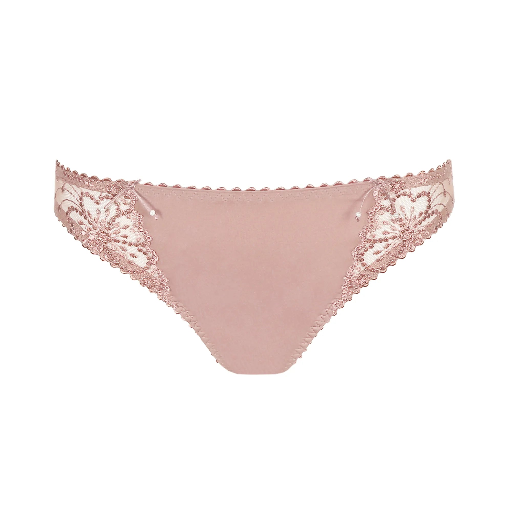 Flat lay of the Jane Rio Brief by The Foundation in Bois De Rose, featuring soft tulle and floral embroidery on the waistband.