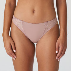 Front view of the Jane Rio Brief in Bois De Rose from The Foundation, showcasing sheer embroidered panels and a flattering mid-rise cut.