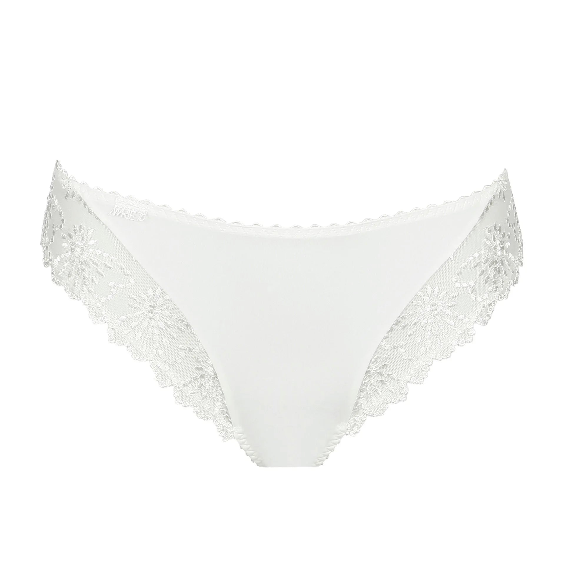 Marie Jo Jane Italian Brief in Natural from The Foundation, featuring floral embroidery, sheer lace, and a small pearl-detailed back bow. front view