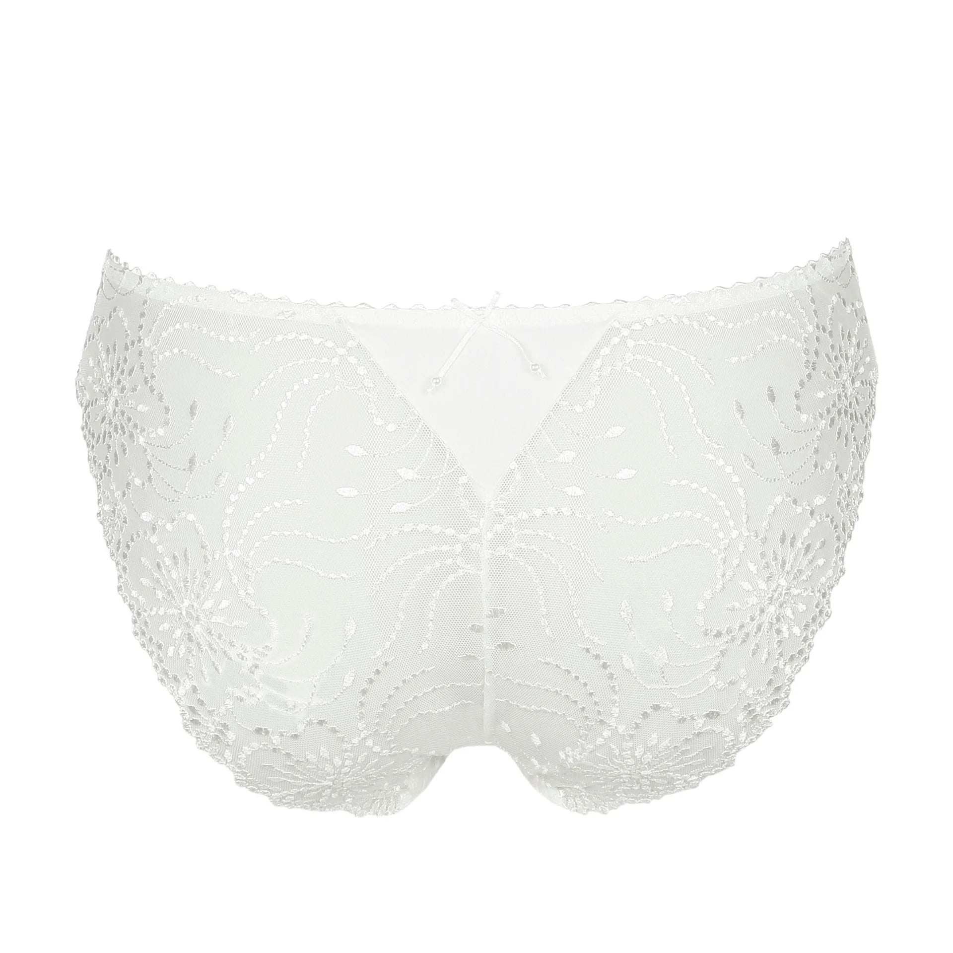 Marie Jo Jane Italian Brief in Natural from The Foundation, featuring floral embroidery, sheer lace, and a small pearl-detailed back bow. back view