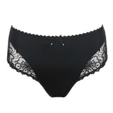 Marie Jo Jane Full Brief in Black from The Foundation, featuring full coverage, sheer floral embroidery, and a front bow with pearl detail.