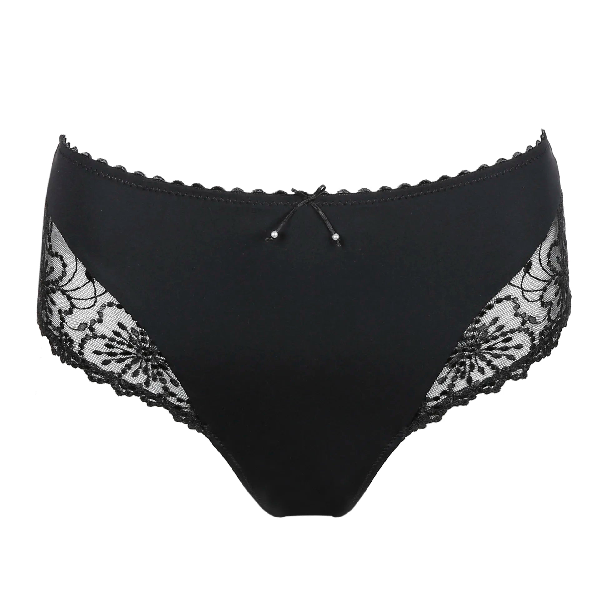Marie Jo Jane Full Brief in Black from The Foundation, featuring full coverage, sheer floral embroidery, and a front bow with pearl detail.