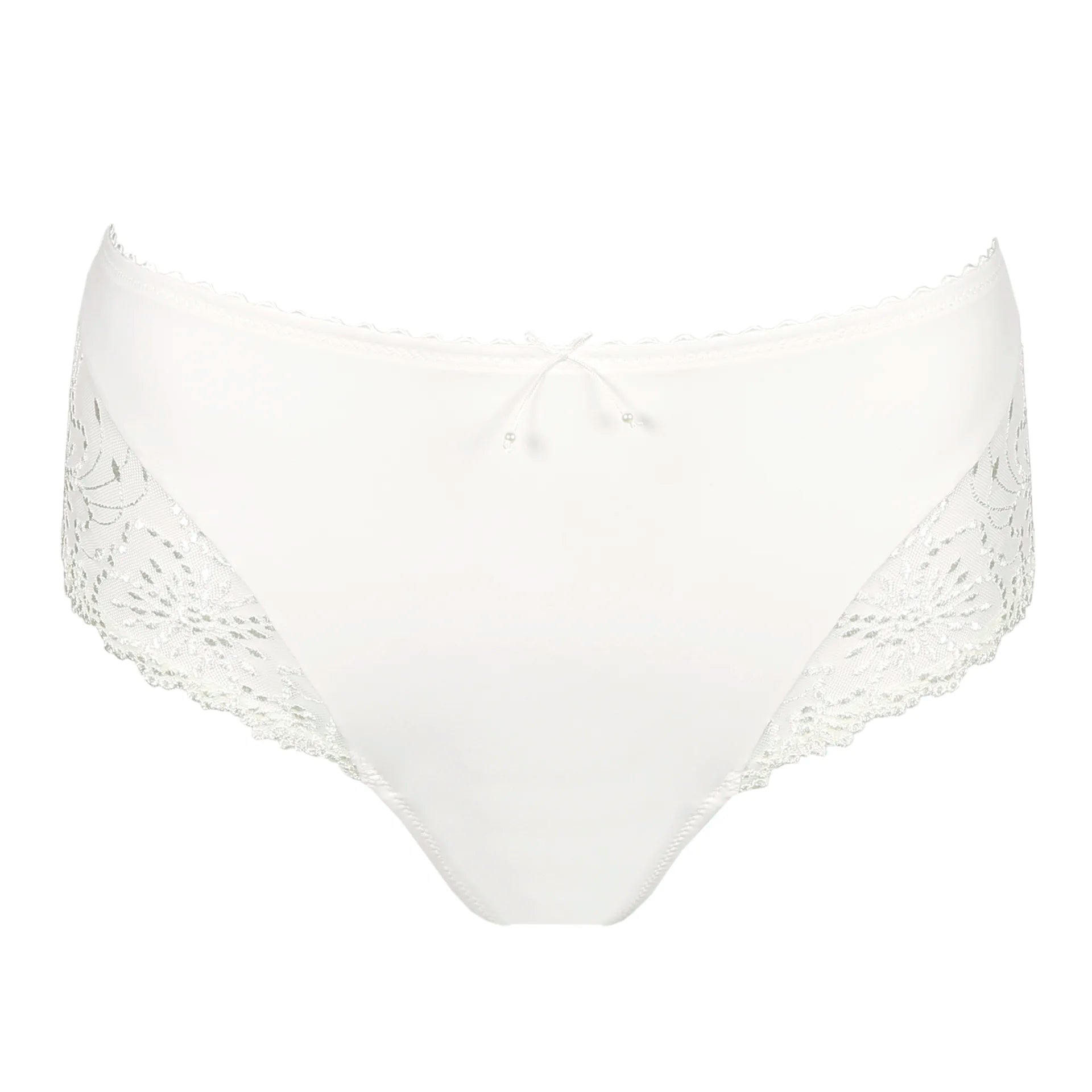 Flat lay of Jane Full Brief in Natural, highlighting embroidered detailing and signature bow embellishment.