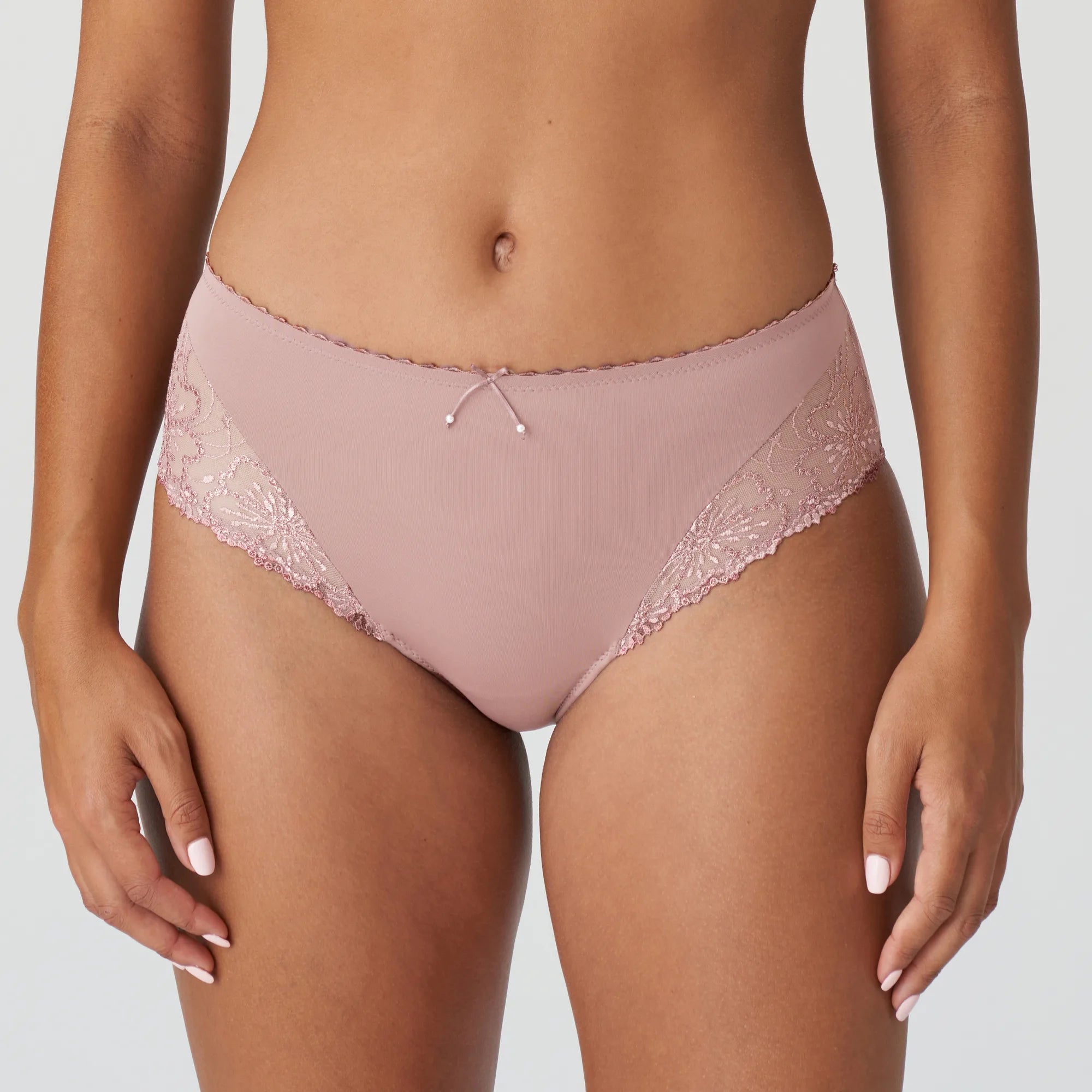Front view of Jane Full Brief Bois De Rose with floral embroidery and pearl bow – The Foundation