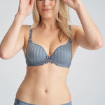 Model wearing Marie Jo Avero Rio Brief and matching bra in Atlantic Blue—styled as a complete set.