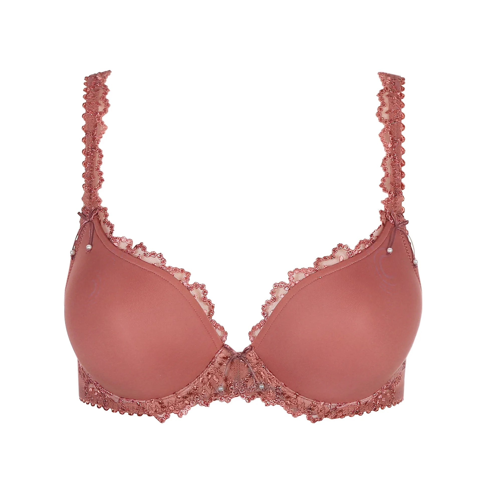 Marie Jo Jane Padded Heart Shape Bra in Red Copper from The Foundation, featuring embroidered cups, plunge fit, and adjustable straps.