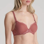 Model wearing Marie Jo Jane Padded Heart Shape Bra in Red Copper from The Foundation, featuring embroidered cups, plunge fit, and adjustable straps. side view