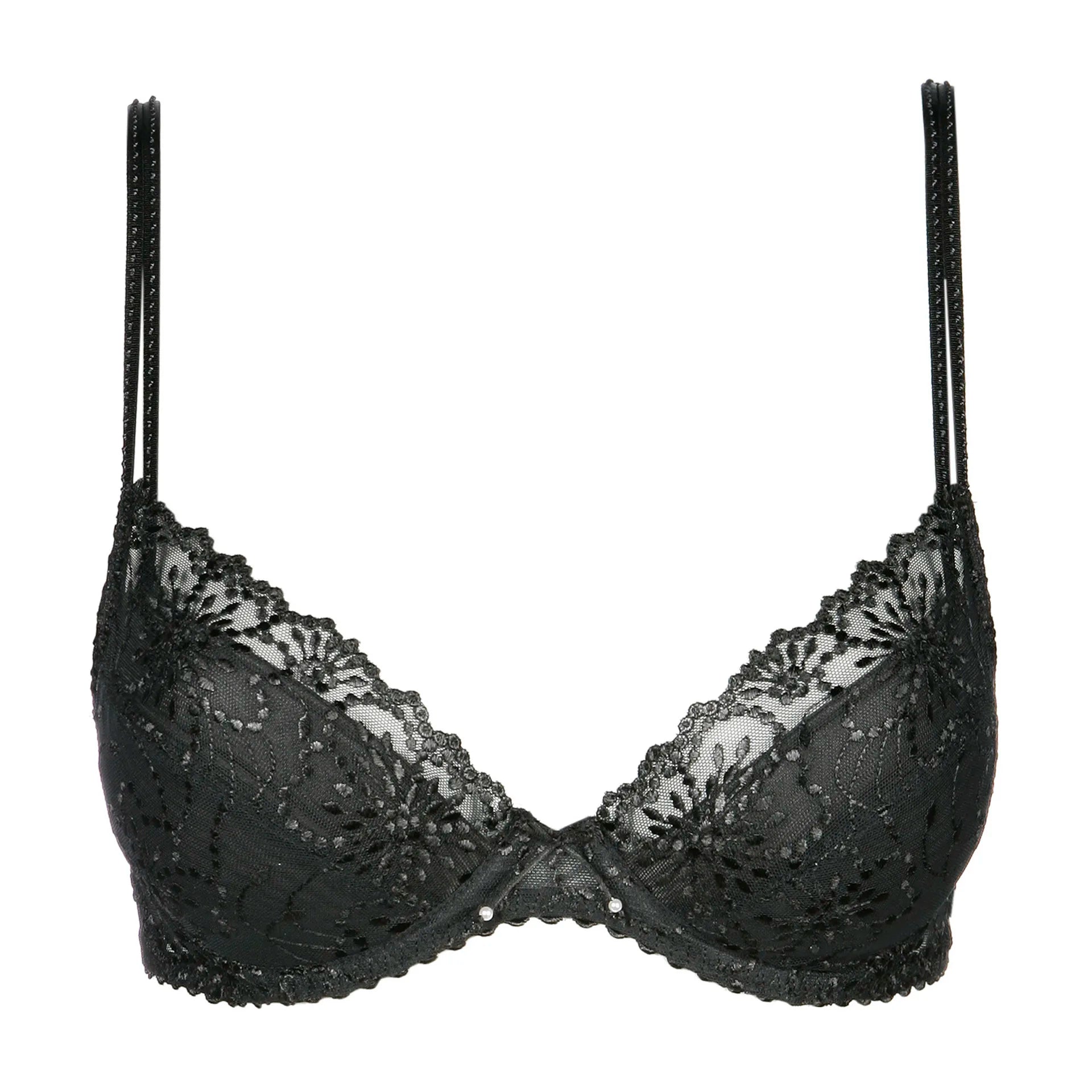 Flat lay of Marie Jo Jane Push Up Bra in black showing underwire cups and embroidered edges.