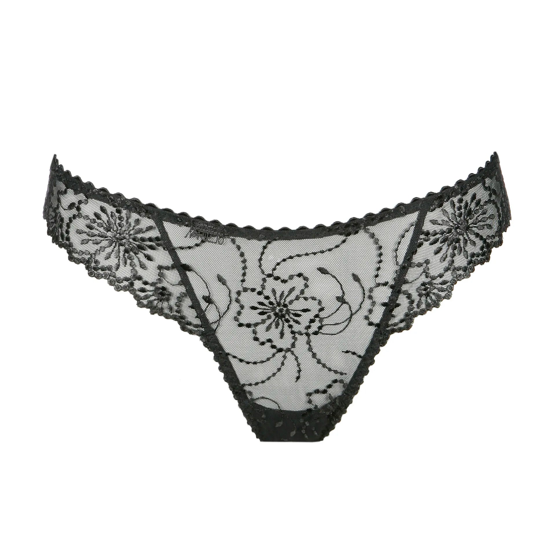 Marie Jo Jane Thong Brief in Natural from The Foundation, with floral embroidery, sheer lace, and pearl-detailed bows at the back.