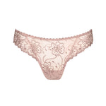 Flat lay of the Jane Thong Brief by The Foundation showing detailed floral embroidery on sheer fabric